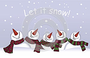 Poster for Happy New year and Merry Christmas. Congratulations on the holiday. Set of funny cute snowmen in colored scarf. Vector.