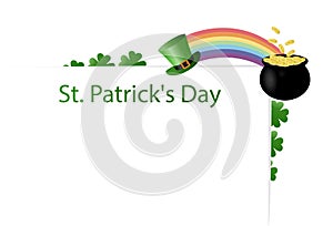 Poster for the holiday of St. Patrick`s Day on March 17 with a place for text. Leprechaun hat, rainbow, pot of gold coins with cl photo