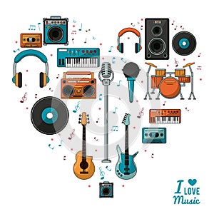 Poster i love music with colorful silhouette of musical instruments and playback devices