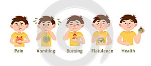 Poster with the image of a boy with symptoms of gastritis