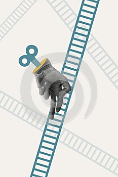 Poster image collage of human hands fingers key mechanism climb up ladder stairs isolated on drawing background