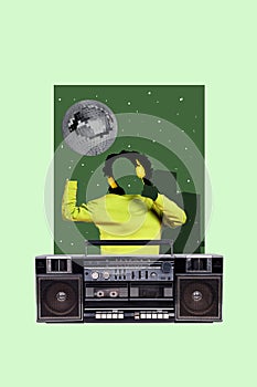 Poster image collage of youngster person with no face working dj retro party use boom box isolated on creative