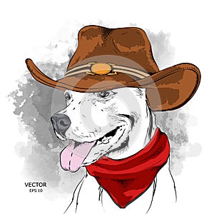 The poster with the image of dog in a cowboy hat. vector illustration