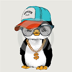 The poster with the image penguin portrait in hip-hop hat. Vector illustration.