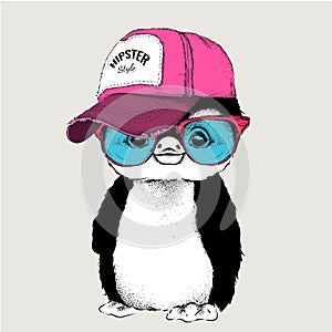 The poster with the image penguin portrait in hip-hop hat. Vector illustration.