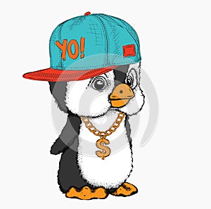 The poster with the image penguin portrait in hip-hop hat. Vector illustration.