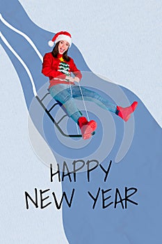 Poster image postcard collage of funny funky lady having fun ride sledge down snowy slope happy new year concept