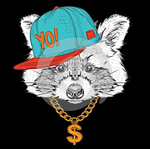 The poster with the image raccoon portrait in hip-hop hat. Vector illustration.