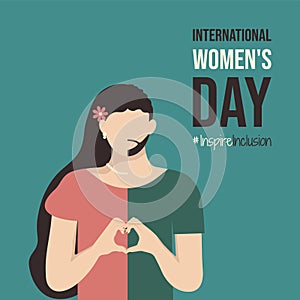 Poster Inspire Inclusion International Women\'s Day 2024. fold her hands with heart for IWD postcard. Minimalist greeting