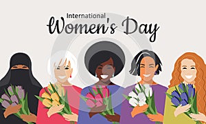 Poster with International Women`s Day. Crowd of modern women of different nationalities and religions in flat design style.