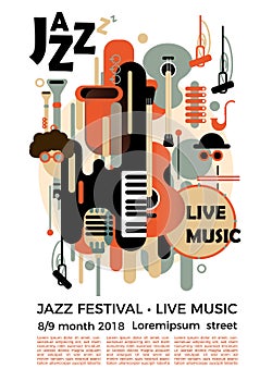 A poster for a jazz festival with musical instruments. Illustration with saxophone and piano keys and guitar. Colorful jazz festiv photo