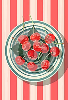 Poster with juicy cherry on a plate and striped blue background