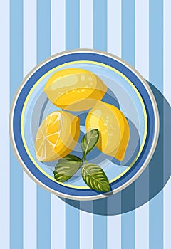 Poster with juicy lemons on a plate and striped blue background