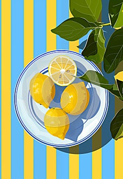 Poster with juicy lemons on a plate and striped blue background