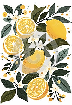 Poster with juicy lemons and small flower accents on a pale pink background