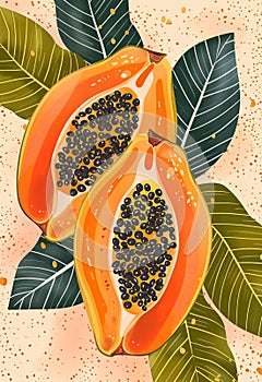 Poster with juicy papayas and tropical leaves on a pale pink background