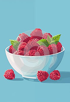 Poster with juicy raspberry in a bowl on background