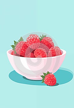 Poster with juicy raspberry in a bowl on blue background
