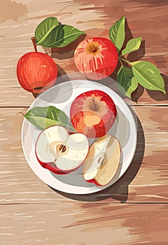 Poster with juicy ripe apples on a plate on a wooden table