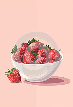 Poster with juicy strawberry in a bowl and pale pink background