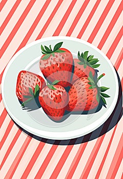 Poster with juicy strawberry on a plate and striped background