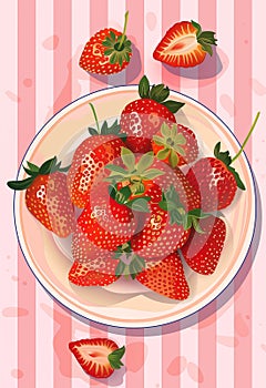 Poster with juicy strawberry on a plate and striped background