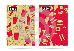 Poster layout or menu cover with place for your promo on pattern with fast food icon illustrations in two colors