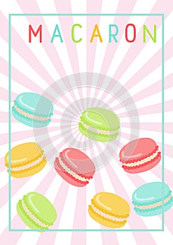 Poster, leaflet with bright delicious macarons cakes with hand lettering. Vector illustration