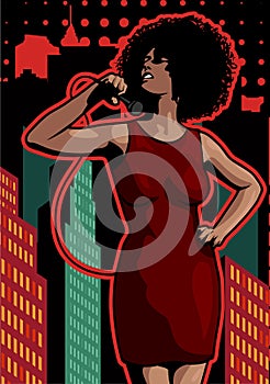 Poster with lights big night city, retro woman singer and moon. Red dress on woman. Retro microphone. Jazz, soul and blues live mu