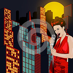 Poster with lights big night city, retro woman singer and moon. Red dress on woman. Retro microphone. Jazz, soul and blues live mu