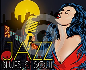Poster with lights big night city, retro woman singer and moon. Red dress on woman. Retro microphone. Jazz, soul and blues live mu