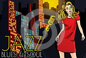 Poster with lights big night city, woman singer and moon. Red dress on woman. Retro microphone. Jazz, soul and blues live music pa