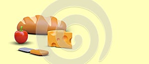 Poster with loaf, tomato, and cheese and knife for cutting food and yellow background
