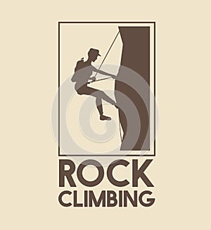 Poster logo silhouette man mountain descent with harness rock climbing