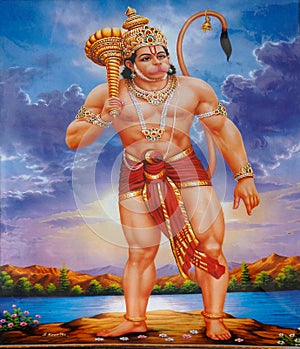 Poster of Lord Hanuman the Monkey God for sale at Kumbh Mela in Nashik, Maharashtra, India photo