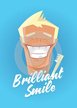 Poster with man smiling. White healthy teeth, toothbrush or toothpaste advertisement. Retro style. Denist service