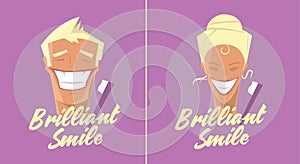 Poster with man and woman smiling. White healthy teeth, toothbrush or toothpaste advertisement. Retro style. Denist