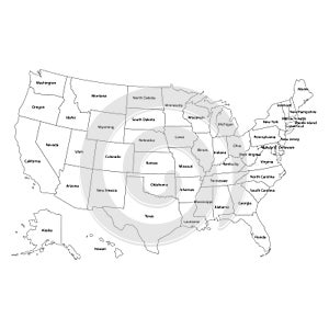 Poster map of the United States of America with the names of the states. Black and white printed map of the United States for T-