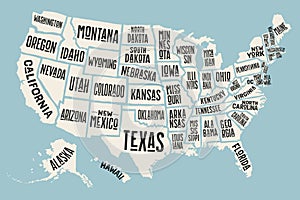 Poster map United States of America with state names