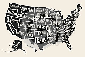 Poster map United States of America with state names