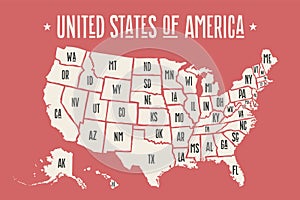 Poster map United States of America with state names