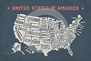 Poster map United States of America with state names