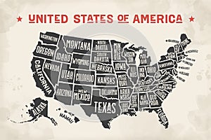 Poster map United States of America with state names