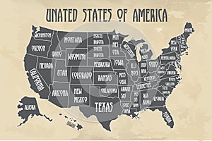 Poster map of United States of America with state names. Black and white print map of USA for t-shirt, poster or photo
