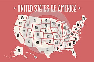 Poster map United States of America with state names photo