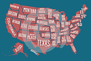 Poster map United States of America with state names