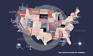Poster map of United States of America with state names. USA cartoon travel map vector illustration of geographic themes with