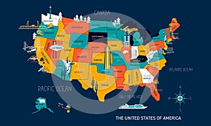 Poster map of United States of America with state names vector