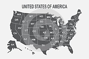 Poster map of United States of America with state names on the white background. Black and white print map of USA for t