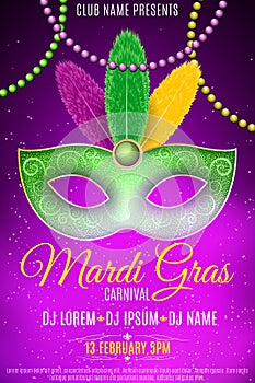 Poster for Mardi Gras carnival. Luxurious mask with colorful feathers. DJ name. Festive poster, template. Purple smoke. Invitation